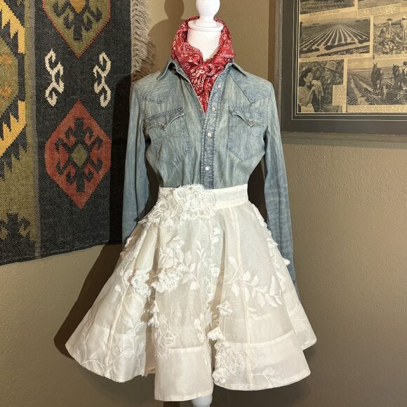 Zimmermann Postcard Appliqué 3D Flower Silk Linen Skirt Ivory RARE - Picture 1 of 8